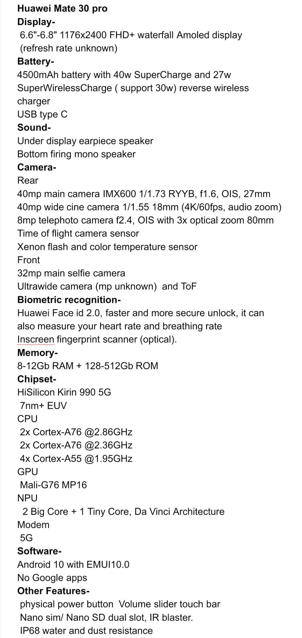 specificatii Huawei Mate 30
